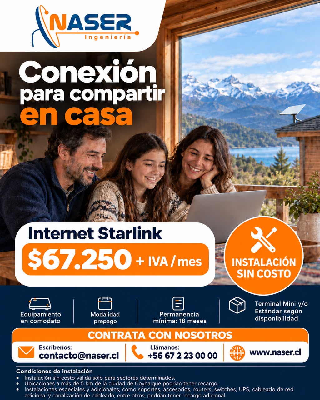 Campaña Naser: Conexión para compartir en casa. Internet Starlink por $67.250 más IVA mensual